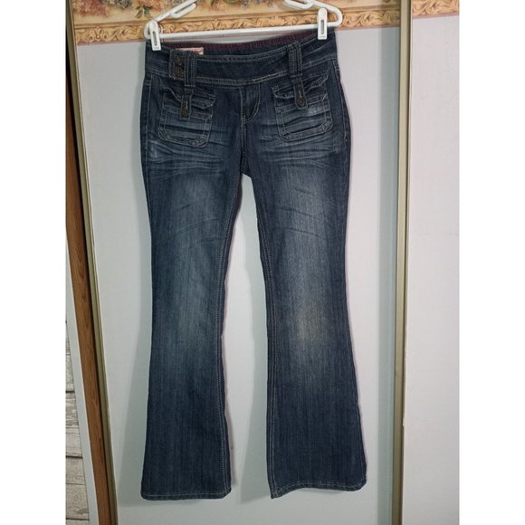 1st Kiss Dark Wash 6 Slim Flare Mid Rise Y2K 90s Boho Festival Denim Jeans - Picture 1 of 6